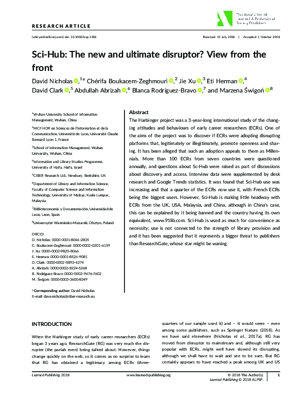 (PDF) Sci‐Hub: The new and ultimate disruptor? View from the front