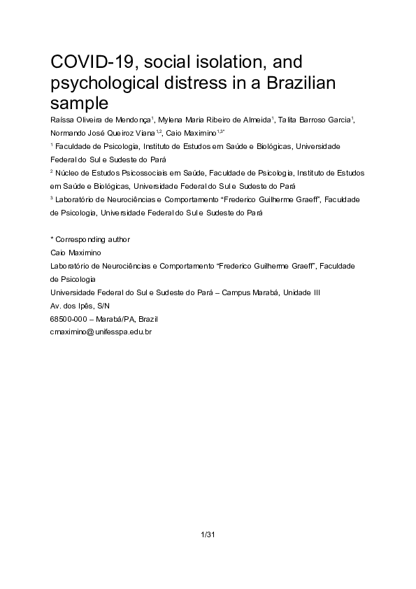 (PDF) COVID-19, social isolation, and psychological distress in a ...