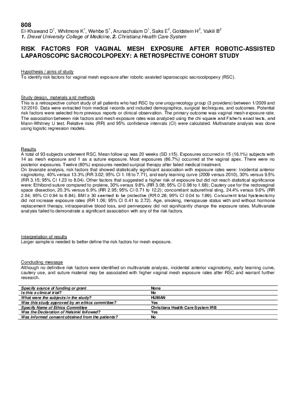 (PDF) Risk Factors for Vaginal Mesh Exposure After Robotic-Assisted ...