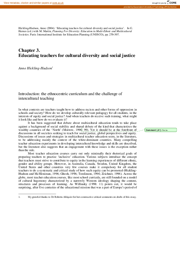 (PDF) The Training of Teachers for Cultural Diversity and Social Justice