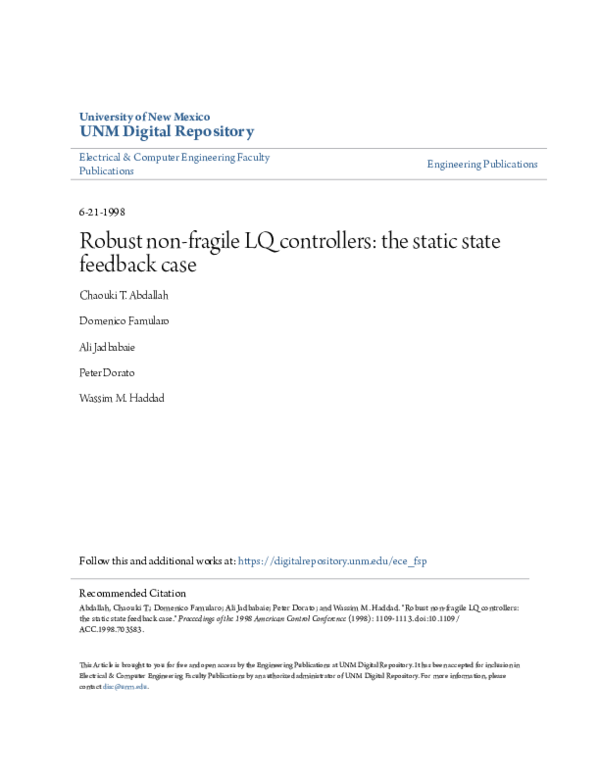 (PDF) Robust non-fragile LQ controllers: the static state feedback case