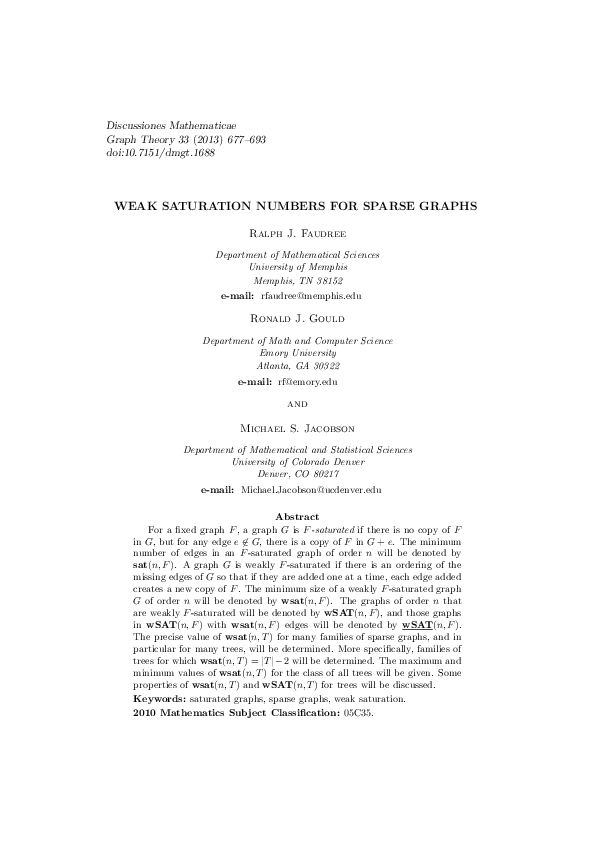 (PDF) Weak saturation numbers for sparse graphs
