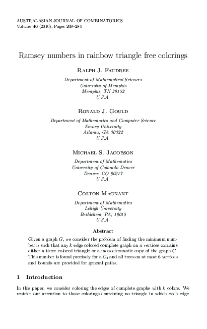 (PDF) Ramsey numbers in rainbow triangle free colorings Michael