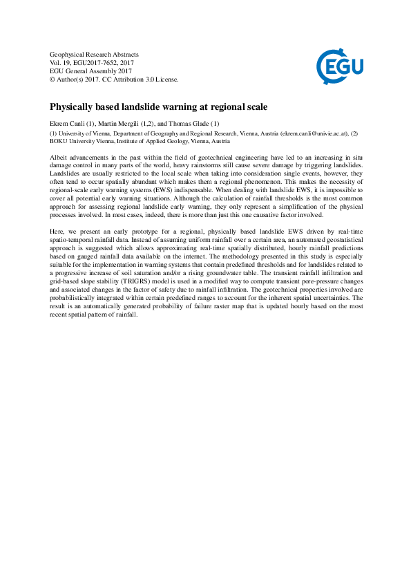 (PDF) Physically based landslide warning at regional scale