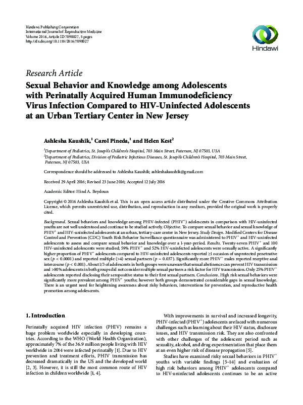 (PDF) Sexual Behavior and Knowledge among Adolescents with Perinatally ...