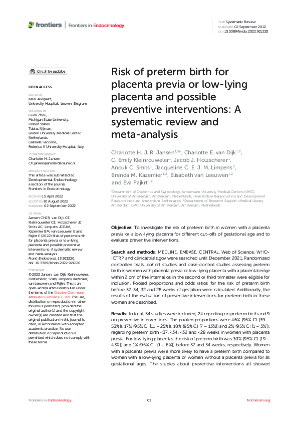 (PDF) Risk of preterm birth for placenta previa or low-lying placenta ...