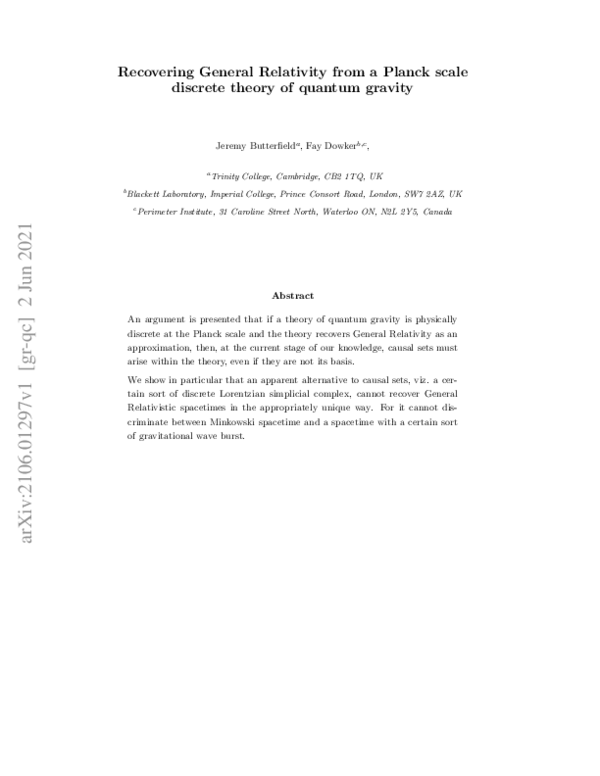 (PDF) Recovering General Relativity from a Planck scale discrete theory ...