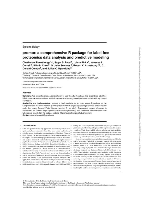 (PDF) promor: a comprehensive R package for label-free proteomics data ...
