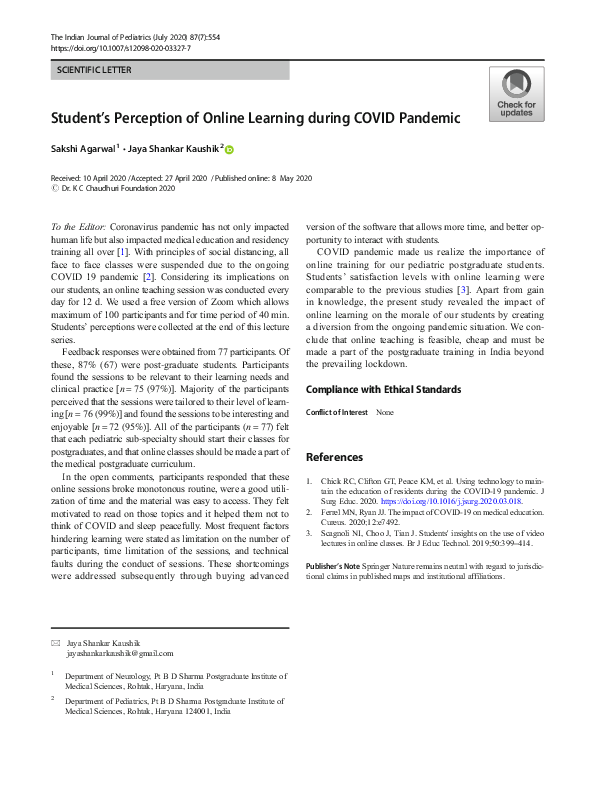(PDF) Student’s Perception of Online Learning during COVID Pandemic