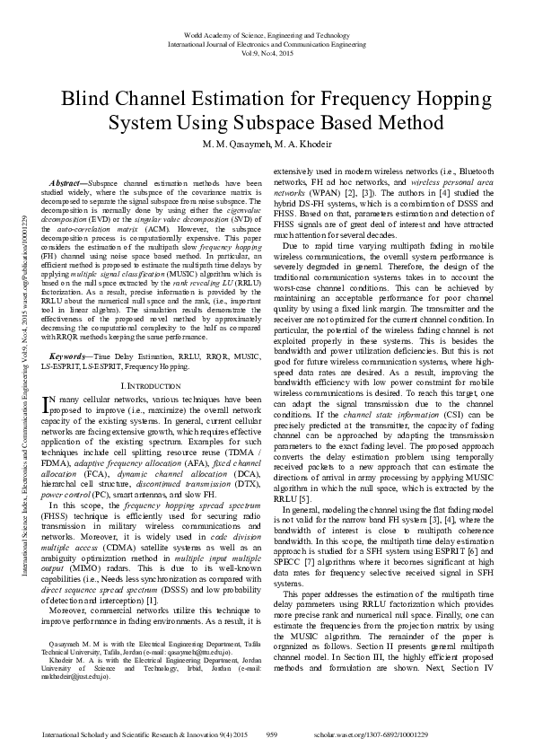 (PDF) Blind Channel Estimation For Frequency Hopping System Using ...