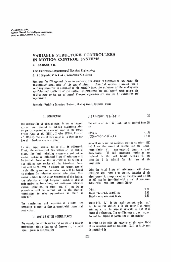 (PDF) Variable Structure Controllers in Motion Control Systems