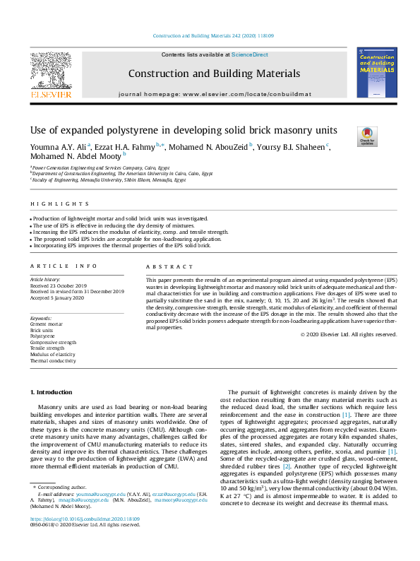 (PDF) Use of expanded polystyrene in developing solid brick masonry units