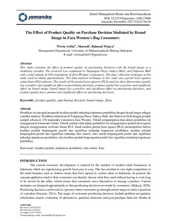 (PDF) The Effect of Product Quality on Purchase Decision Mediated by ...