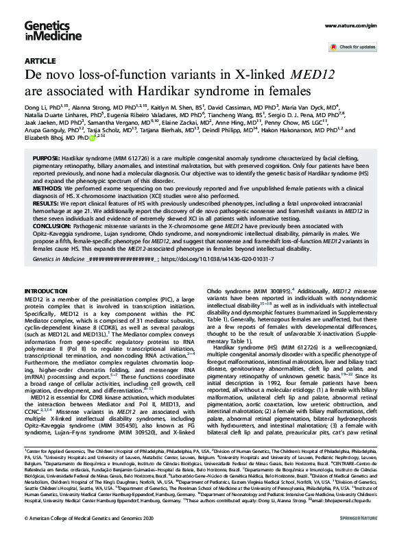 (PDF) De novo loss-of-function variants in X-linked MED12 are ...