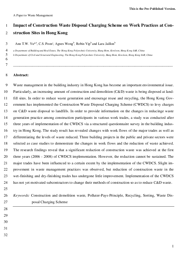 (PDF) Impact of Construction Waste Disposal Charging Scheme on work ...
