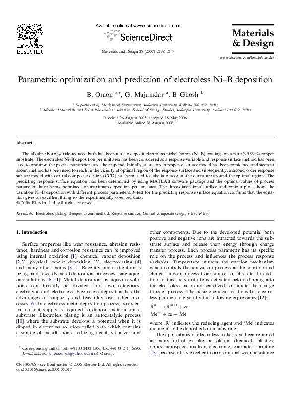 (PDF) Parametric optimization and prediction of electroless Ni–B deposition