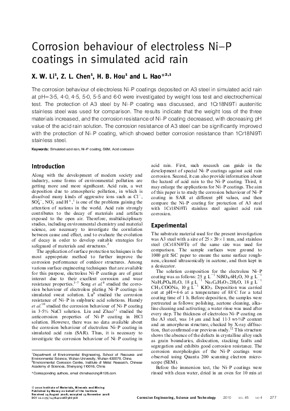 (PDF) Corrosion behaviour of electroless NiP coating in artificial ...