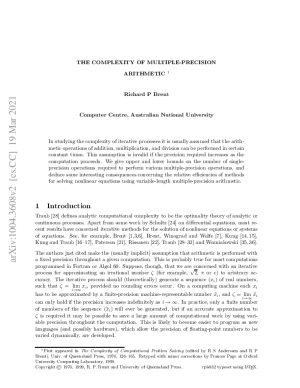 (PDF) The complexity of multiple-precision arithmetic