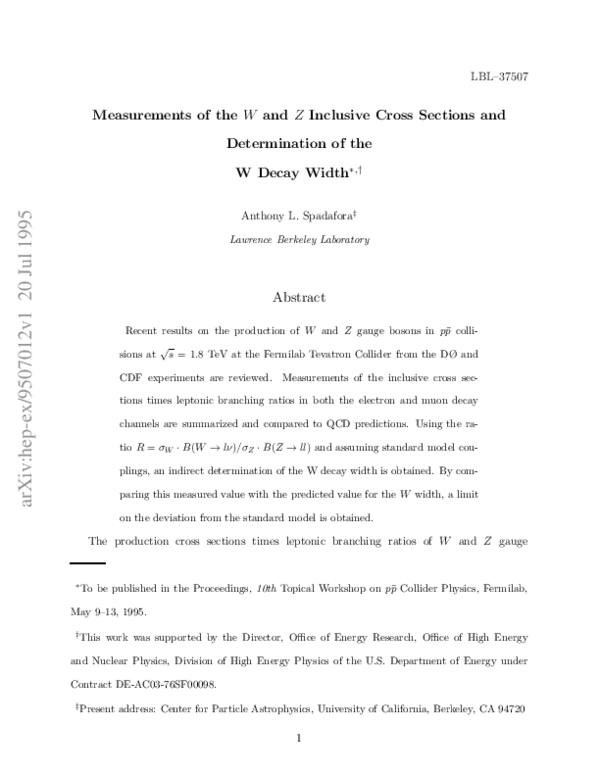 (PDF) Measurements of the W and Z inclusive cross sections and ...