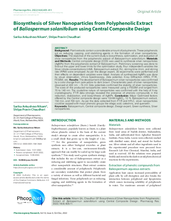 (PDF) Biosynthesis of Silver Nanoparticles from Polyphenolic Extract of ...
