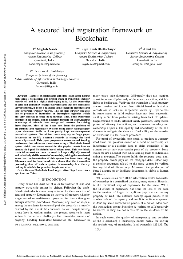 (PDF) A secured land registration framework on Blockchain