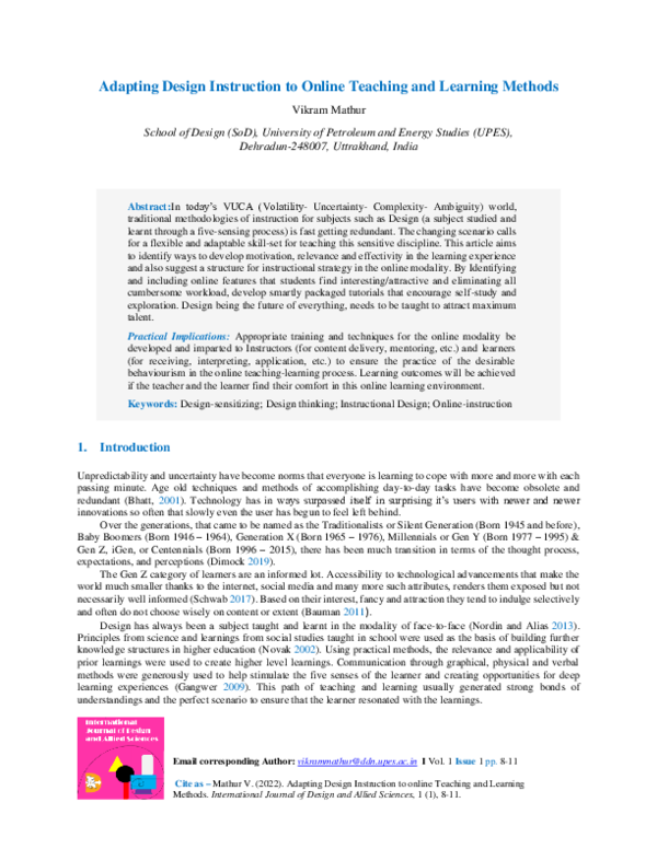 (PDF) Adapting Design Instruction to Online Teaching and Learning Methods
