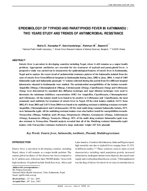 (PDF) Epidemiology of Typhoid and Paratyphoid Fever in Kathmandu : Two ...