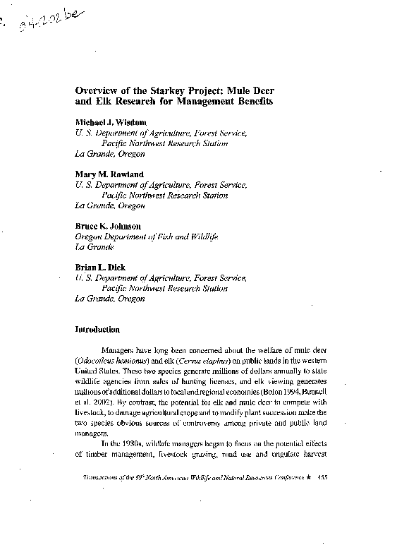 (PDF) Overview of the Starkey Project: mule deer and elk research for ...