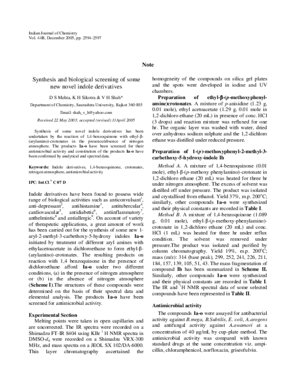 (PDF) Synthesis and Biological Screening of Some New Novel Indole ...