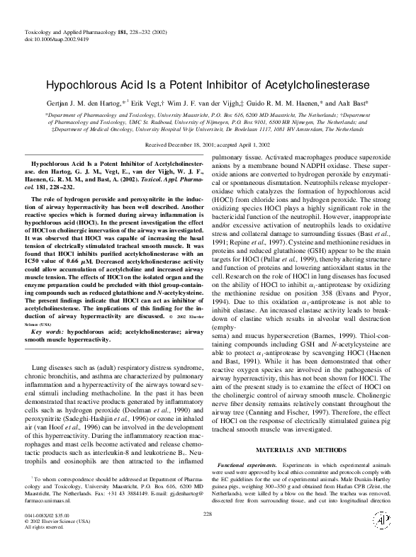 (PDF) Hypochlorous Acid Is a Potent Inhibitor of Acetylcholinesterase