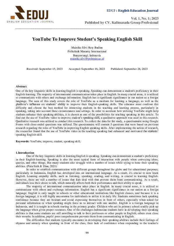 (PDF) YouTube To Improve Student’s Speaking English Skill