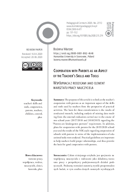 (PDF) Cooperation with Parents as an Aspect of the Teacher's Skills and ...