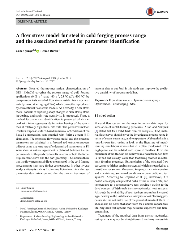 (PDF) A flow stress model for steel in cold forging process range and ...
