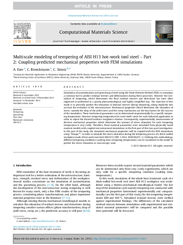 (PDF) Multiscale modeling of tempering of AISI H13 hot-work tool steel ...
