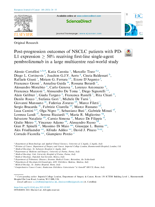 Post-progression outcomes of NSCLC patients with PD-L1 expression ≥ 50% receiving first-line single-agent pembrolizumab in a large multicentre real-world study