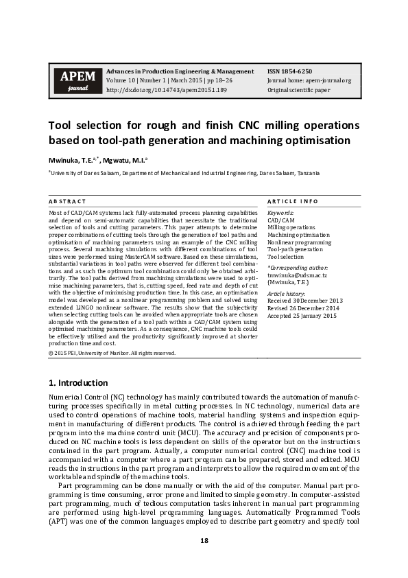 (PDF) Tool selection for rough and finish CNC milling operations based ...