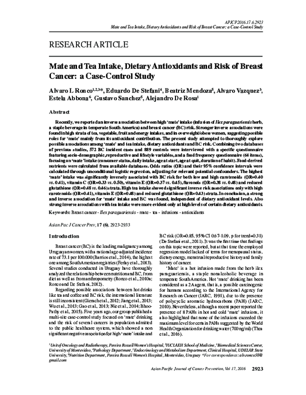 (PDF) Mate and Tea Intake, Dietary Antioxidants and Risk of Breast ...