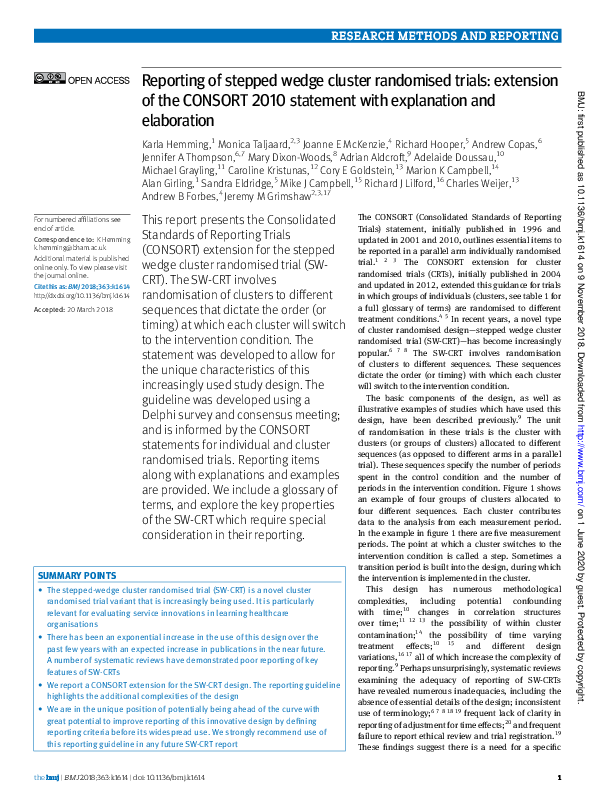(PDF) Reporting of stepped wedge cluster randomised trials: extension ...