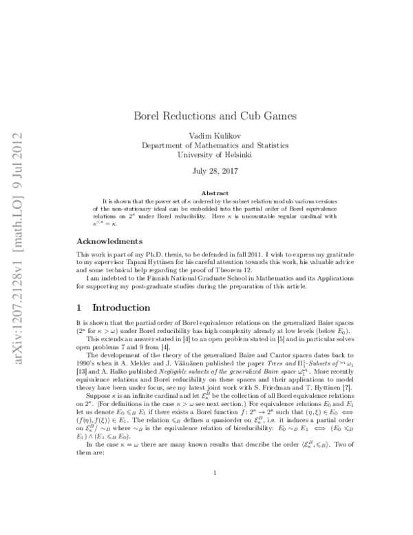 (PDF) Borel Reductions and Cub Games