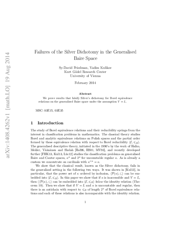 (PDF) Failures of the Silver Dichotomy in the Generalised Baire Space
