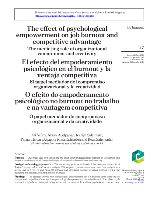 (PDF) The effect of psychological empowerment on job burnout and ...