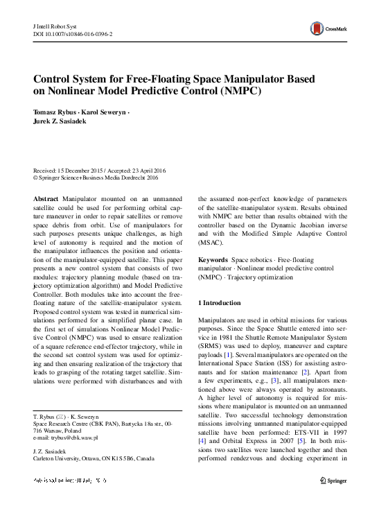 (PDF) Control System for Free-Floating Space Manipulator Based on ...