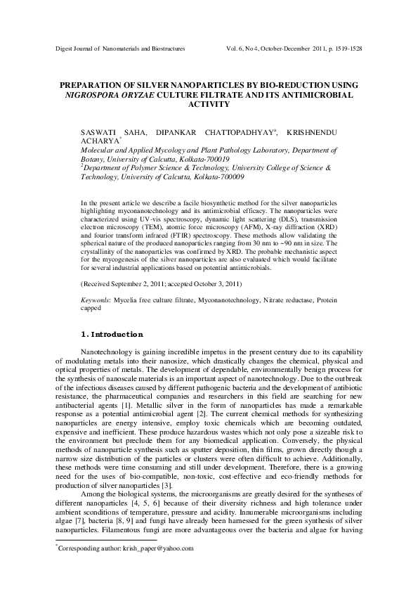 (PDF) Preparation of Silver Nanoparticles by Bio-Reduction Using ...