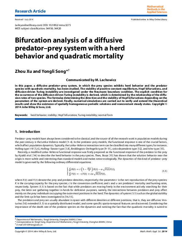 (PDF) Bifurcation analysis of a diffusive predator–prey system with ...