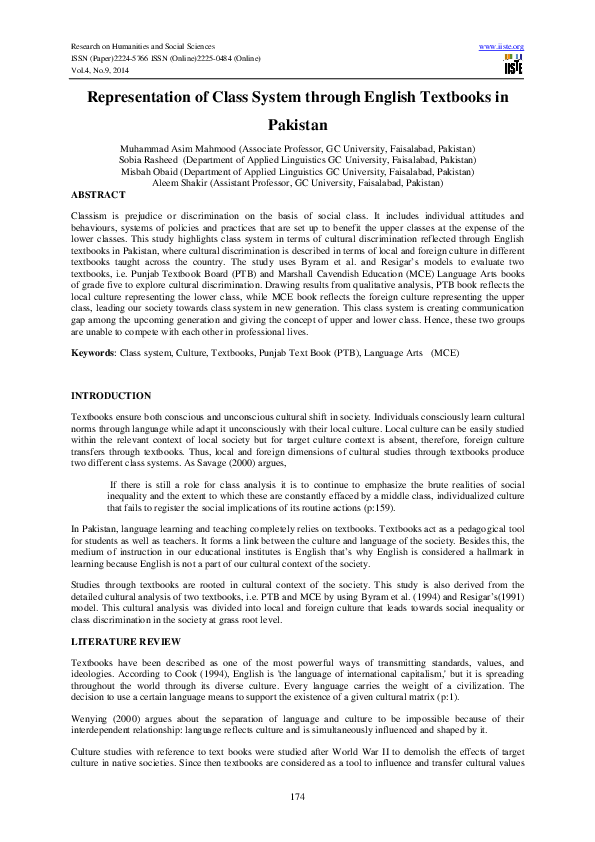 (PDF) Representation of Class System through English Textbooks in Pakistan