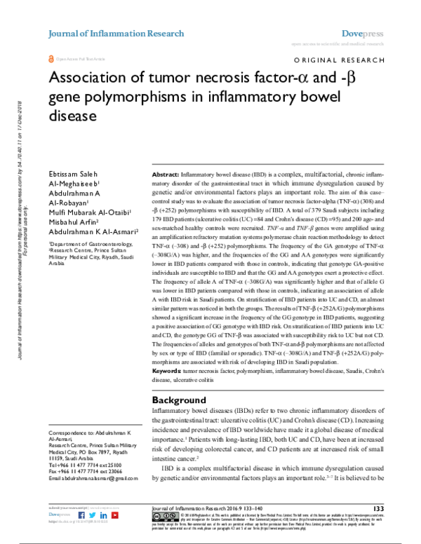 (PDF) Association of tumor necrosis factor-α and -β gene polymorphisms ...