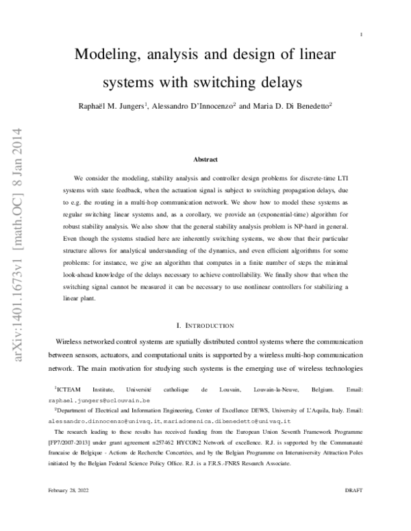 (PDF) Modeling, analysis and design of linear systems with switching delays