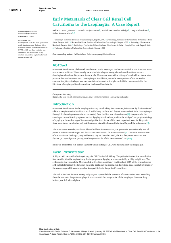 (PDF) Early Metastasis of Clear Cell Renal Cell Carcinoma to the ...