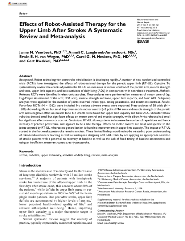 (PDF) Effects of Robot-Assisted Therapy for the Upper Limb After Stroke ...