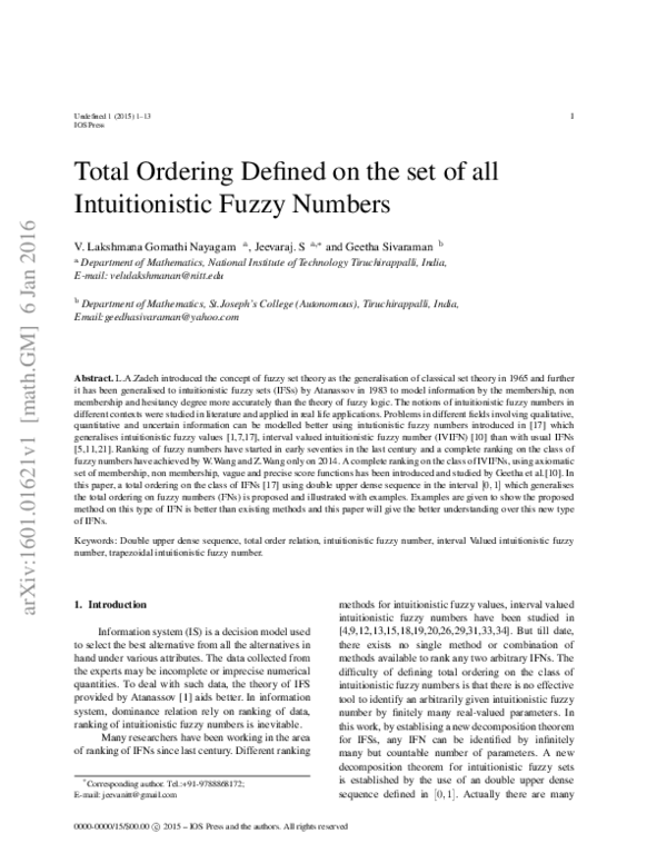 (PDF) Total ordering defined on the set of all intuitionistic fuzzy numbers